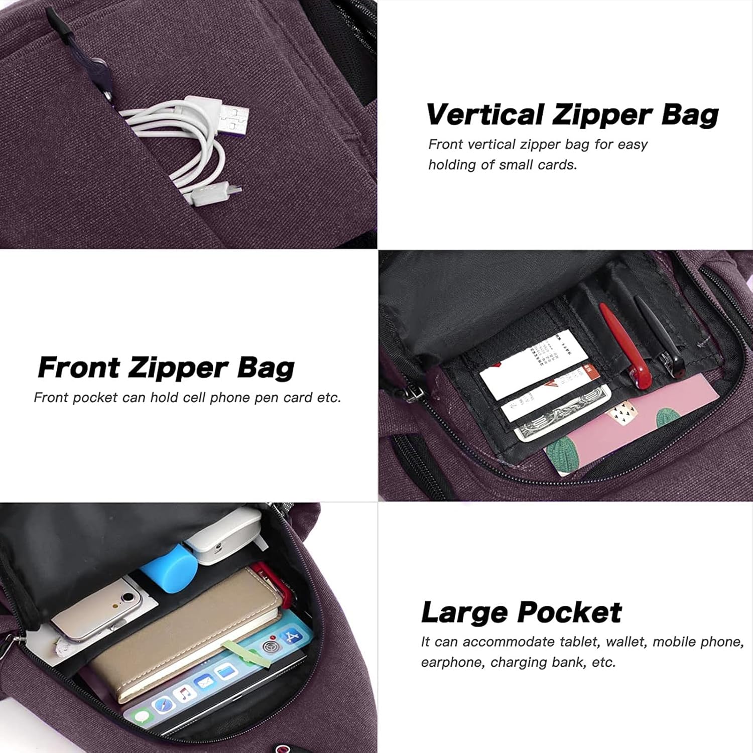 - Vertical Zipper Bag: Front vertical zipper bag for easy holding of small cards.
- Front Zipper Bag: Front pocket can hold cell phone, pen, card, etc.
- Large Pocket: It can accommodate tablet, wallet, mobile phone, earphone, charging bank, etc.