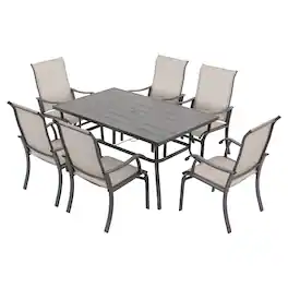 Nuu Garden - Patio Metal Textilene Dining Set of 7 with Umbrella Hole and High Backrest - Beige and Gray