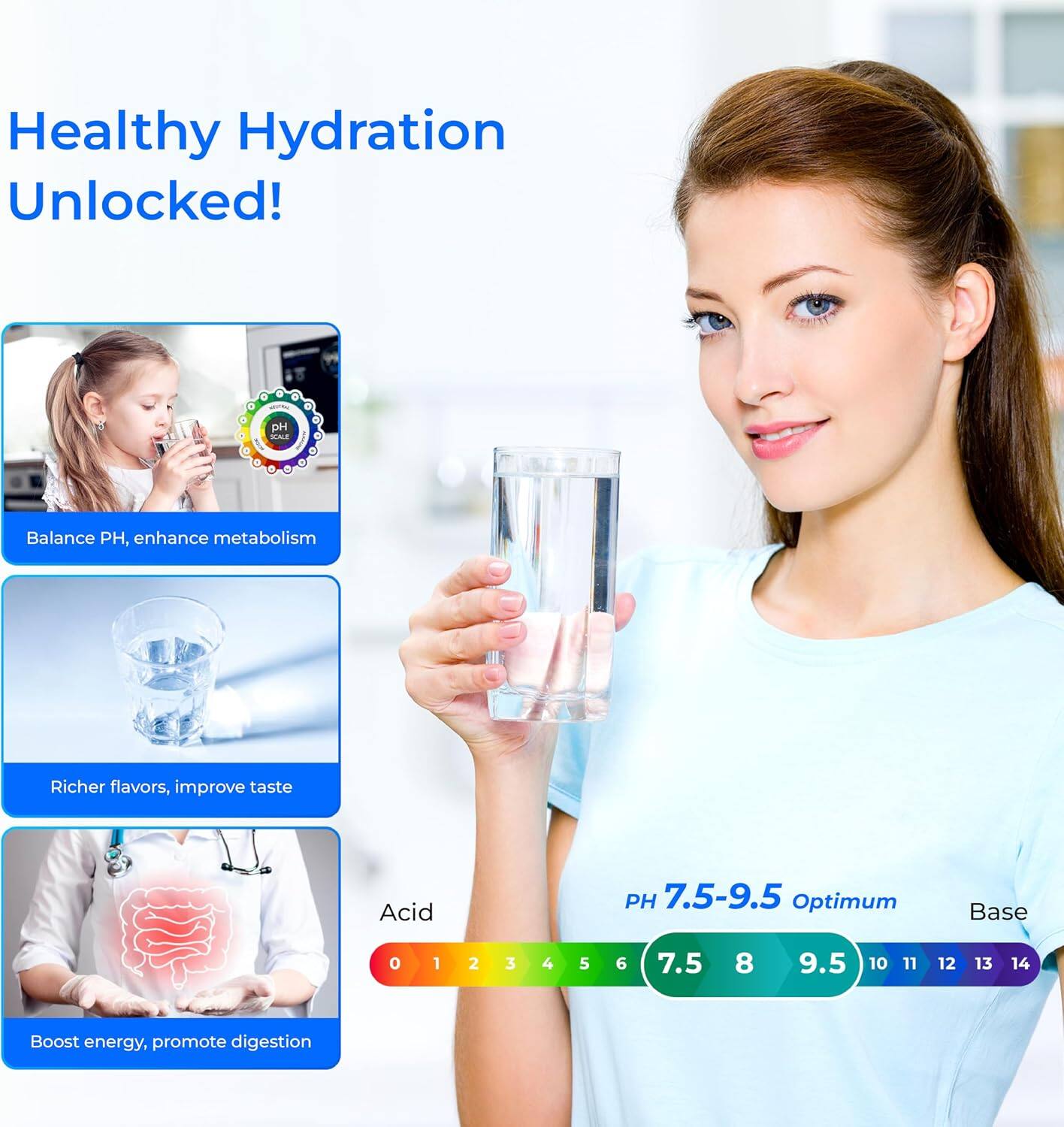 Healthy Hydration Unlocked!

pH SCALE

Balance PH, enhance metabolism

Richer flavors, improve taste

Acid
PH 7.5-9.5 Optimum

Base
0 1 2 3 4 5 6 7.5 8 9.5 10 11 12 13 14

Boost energy, promote digestion