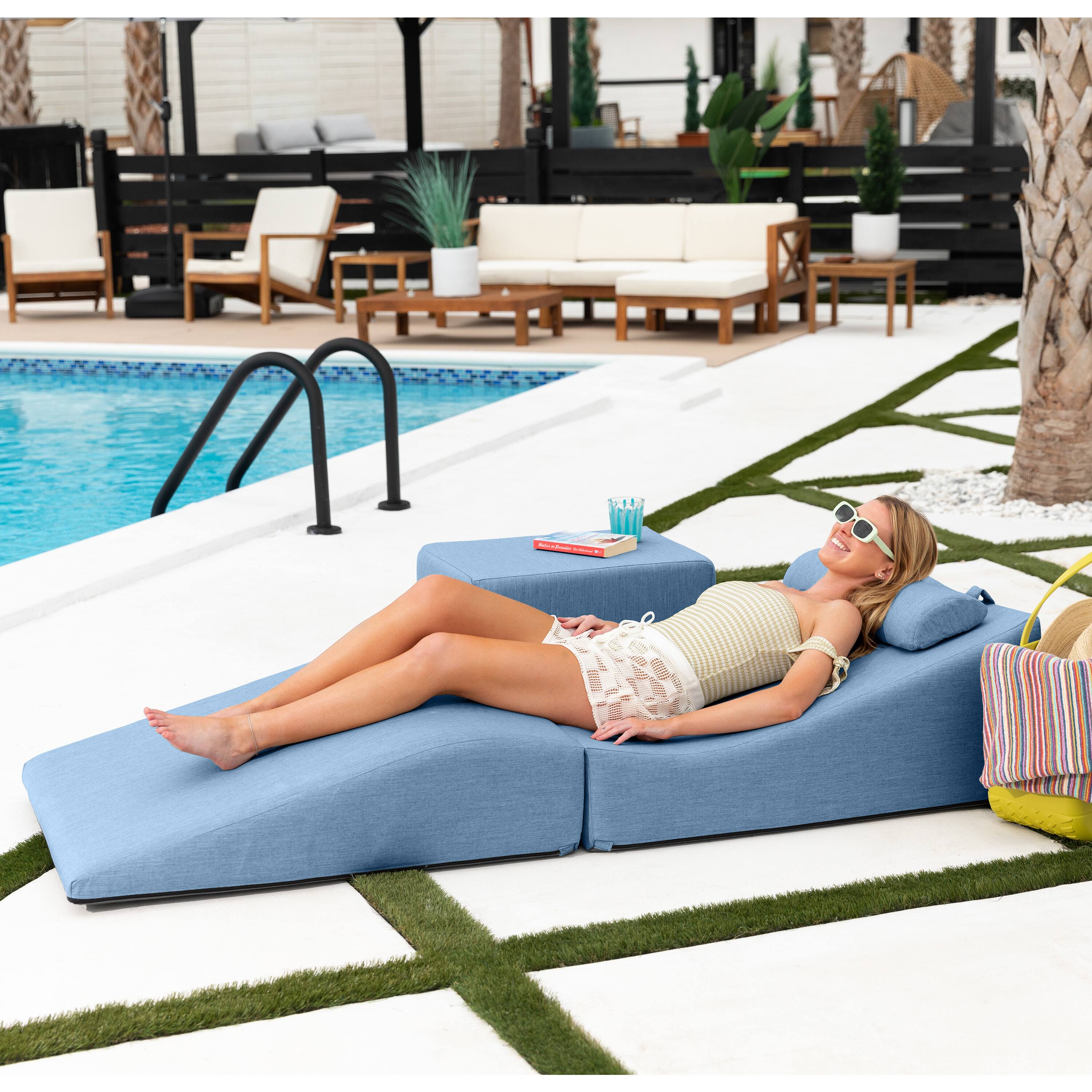 Left. Jaxx - Jaxx Clermont Sun Lounger - Luxurious Waterproof Poolside Lounge & Outdoor Chaise - Sunbrella Ocean Blue - Marine Grade Vinyl.