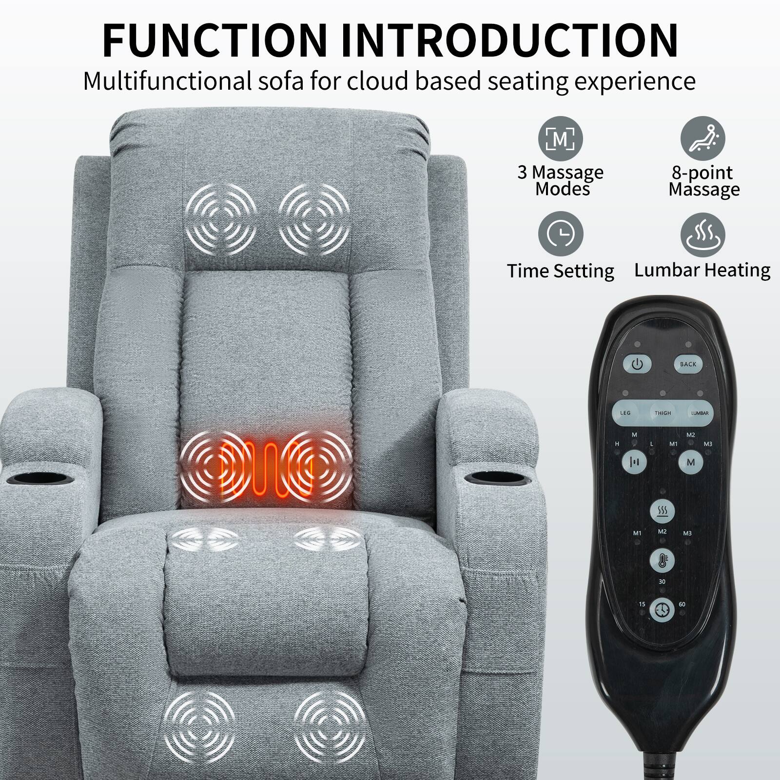 FUNCTION INTRODUCTION  
Multifunctional sofa for cloud based seating experience  

- 3 Massage Modes  
- 8-point Massage  
- Time Setting  
- Lumbar Heating  

M1 M2 M3  
LEG THIGH LUMBAR  
M1 M2 M3  
30 60  
15 30 60