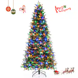 Costway - 8 ft Pre-Lit Christmas Tree with 1496 Full Branch Tips, 550 LED Lights, Metal Stand - Green