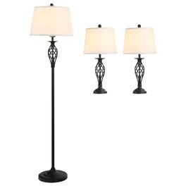 Homcom - 3-Pc Lamp Set: Metal Pole+Round Base Fabric Shades Living Room