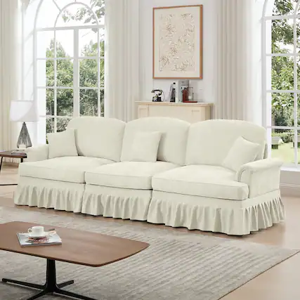 Front. Anysun - Mid-Century Chenille 3-Seat Sofa - Flared Arms, Ruffled Skirt & Spindle Legs for Living Room - Beige.