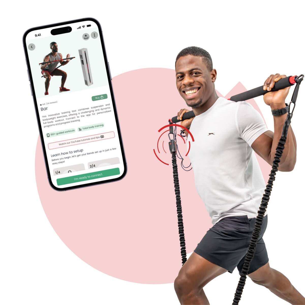 Sure, here is the corrected and grouped text:

---

**Bar**

This innovative training tool combines suspension dynamic exercises, offering a challenging and personalized workout experience. The app provides progress tracking and guided workouts.

- Total body training
- 150+ guided workouts
- Watch your YouTube tutorials and tips

Learn how to set up your bands safely before you begin. Get your bands set up in just a few easy steps!

1/4

I'm ready to connect

---

**Buy**

---

**4.4 (14 reviews)**

---

**Watch your YouTube tutorials and tips**

---

**Learn how to set up your bands safely before you begin. Get your bands set up in just a few easy steps!**

---

**1/4**

---

**I'm ready to connect**

---