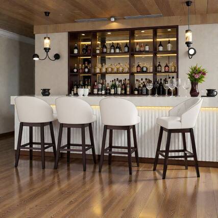 Front. Hivvago - Set of 4 Padded Bar Stools with Swivel Seat and Rubber Wood Frame - Beige.