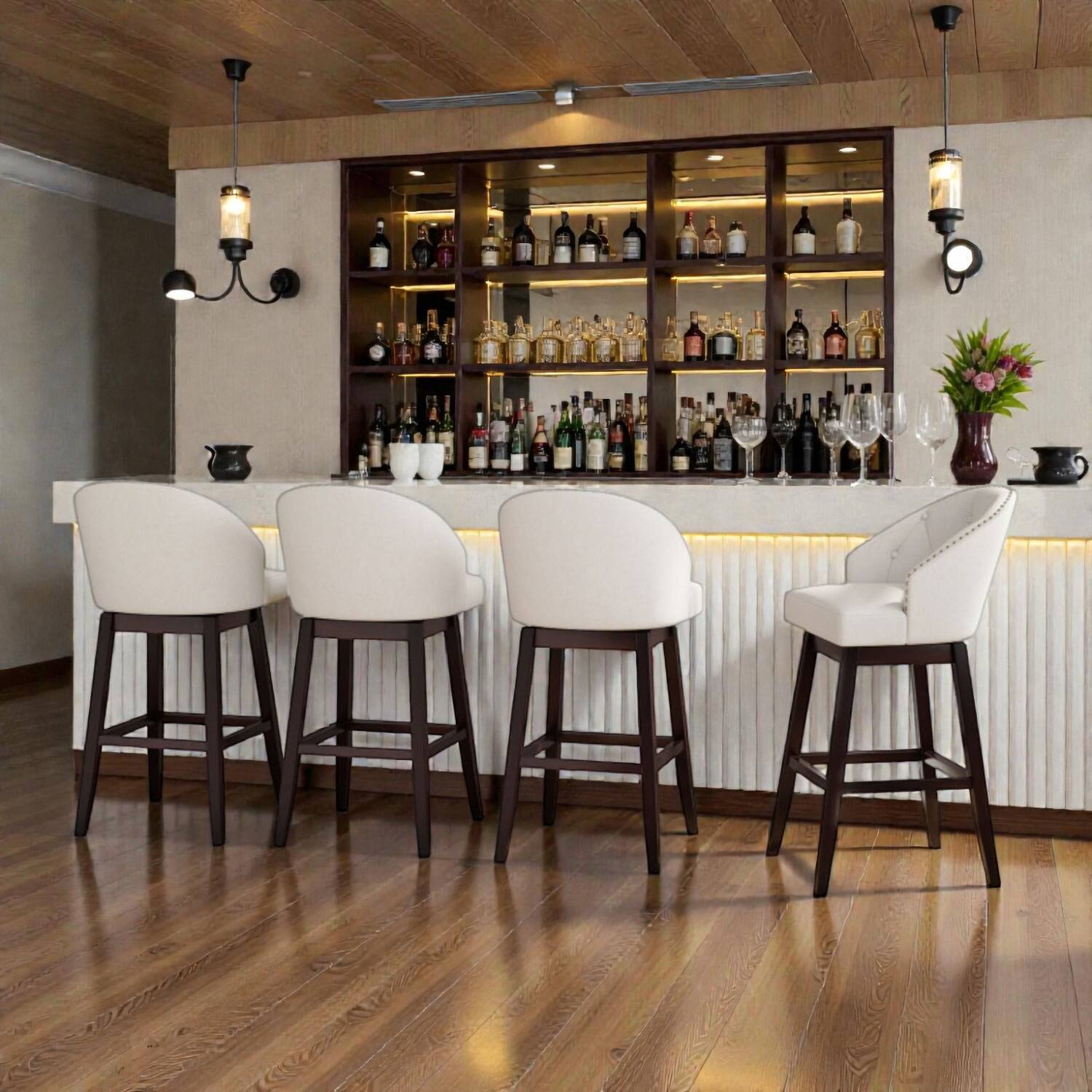 Front. Hivvago - Set of 4 Padded Bar Stools with Swivel Seat and Rubber Wood Frame - Beige.