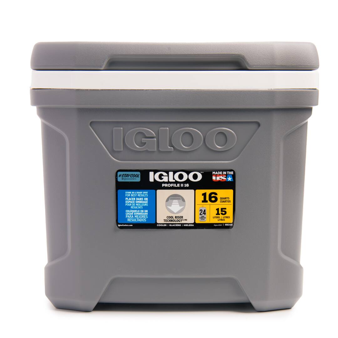 IGLOO  
MADE IN THE USA  
IGLOO PROFILE II 16  
#STAYCOOL  
16 QUARTS / 15 LITERS  
24 LITERS  
COOLER INSIDER TECHNOLOGY™  
www.igloocoolers.com  

STORE IN A SHADY AREA  
PLACER EN UN ÁREA SOMBREADA  
PLACE DANS UN ESPACIO OMBRADO  
COLOCAR EN UNA ZONA SOMBREADA  
COOLER INSIDER TECHNOLOGY™  
RESULTADOS MEJORES  
MEJORES RESULTADOS  
COOLER INSIDER TECHNOLOGY™