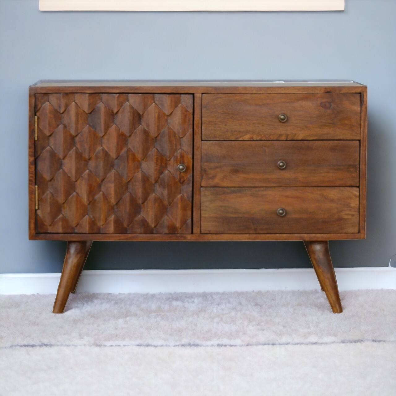 Angle. Artisan Furniture - Artisan Furniture Solid Wood Carved Chestnut Sideboard, 3 Drawers, 1 Door, Dark Brown - Dark Brown.
