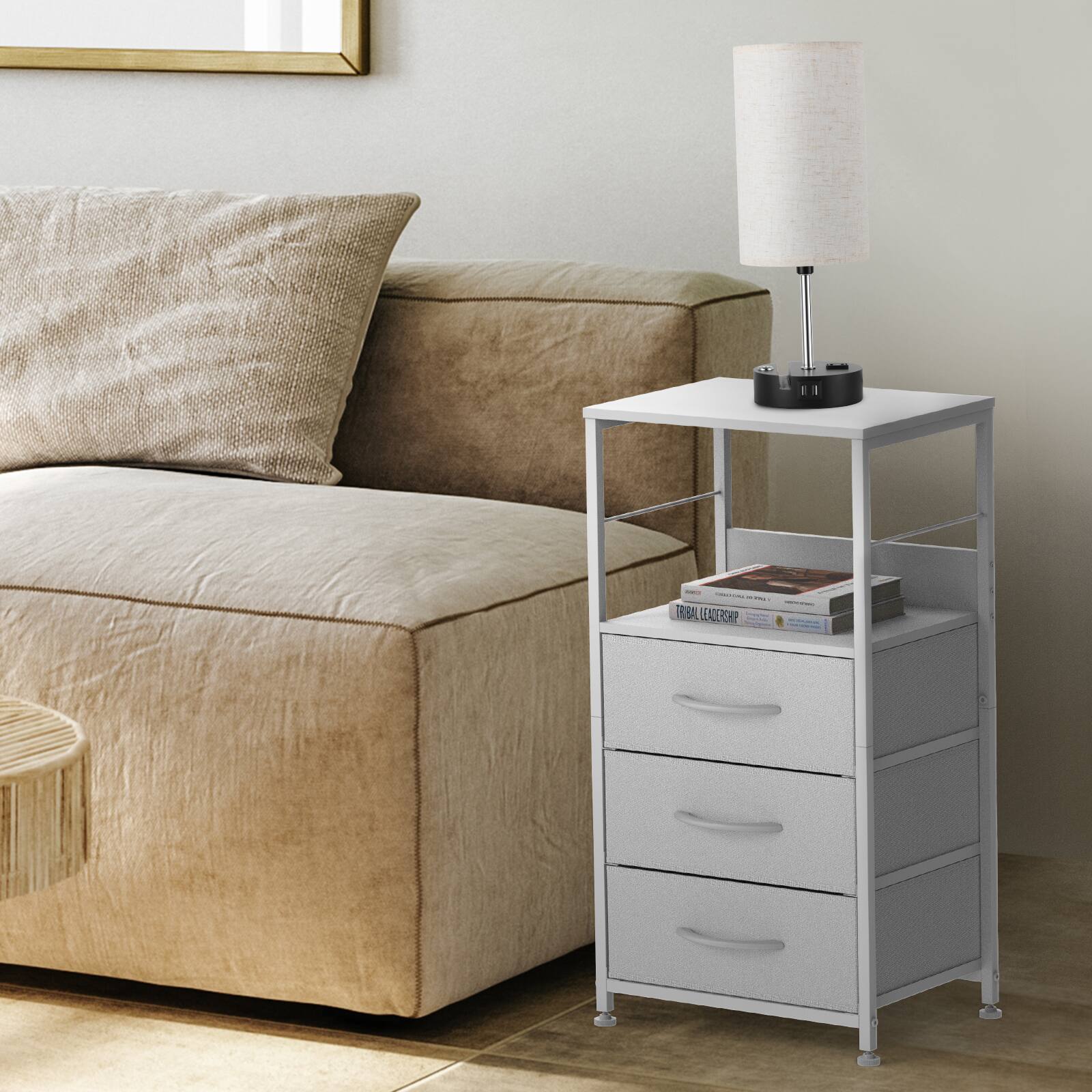 Alt View 1. Oumilen - Set of 2 Nightstands with 3 Fabric Drawers & Open Shelf, White - White.