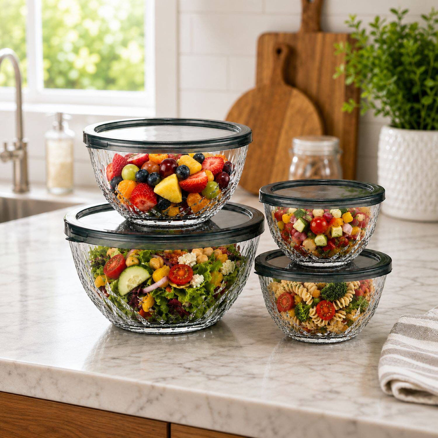 Angle. Sorbus - Sorbus 4-Piece Glass Diamond Textured Bowl Set – Nesting Mixing & Storage Bowls, Microwave, Dishwasher & Freezer Safe - Clear.