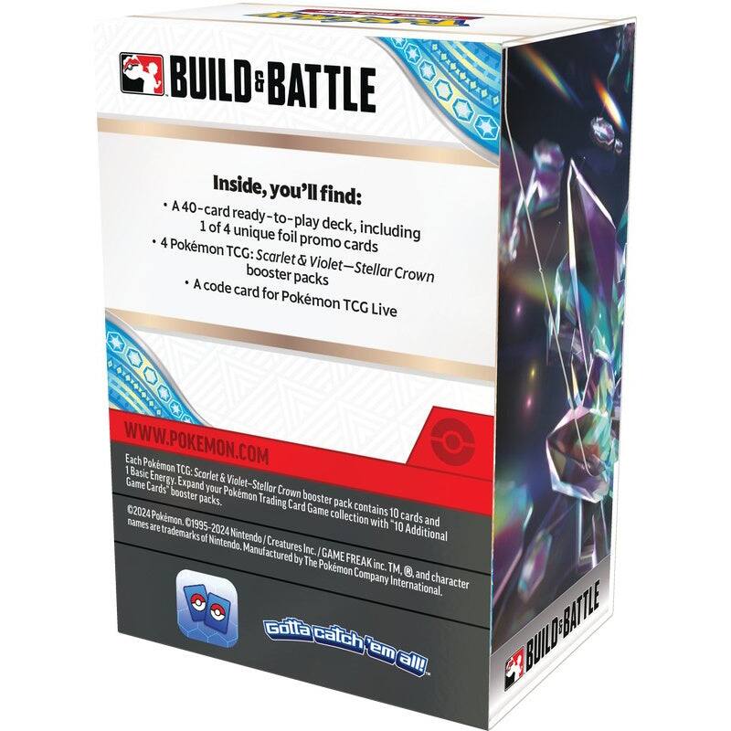 BUILD & BATTLE

Inside, you'll find:
- A 40-card ready-to-play deck, including 1 of 4 unique foil promo cards
- 4 Pokémon TCG: Scarlet & Violet—Stellar Crown booster packs
- A code card for Pokémon TCG Live

WWW.POKEMON.COM

Each Pokémon TCG: Scarlet & Violet—Stellar Crown booster pack contains 10 cards and 1 Basic Energy. Expand your Pokémon Trading Card Game collection with "10 Additional" cards. ©2024 Pokémon. 01995-2024 Nintendo / Creatures Inc. / GAME FREAK inc. TM, ®, and character names are trademarks of Nintendo. Manufactured by The Pokémon Company International.

Gotta catch 'em all!