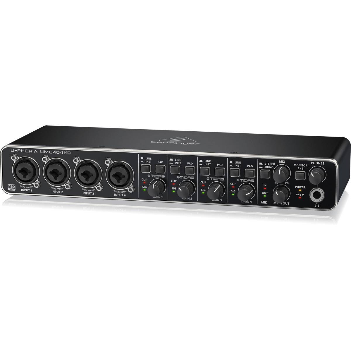 U-PHORIA UMC404HD

LINE 1: INPUT 1  
LINE 2: INPUT 2  
LINE 3: INPUT 3  
LINE 4: INPUT 4  

INST 1: PAD  
INST 2: PAD  
INST 3: PAD  
INST 4: PAD  

STEREO  
MIX  
MONITOR  
PHONES  

CLIP 1  
CLIP 2  
CLIP 3  
CLIP 4  

GAIN 1  
GAIN 2  
GAIN 3  
GAIN 4  

MIDI  
MAIN OUT  

POWER +48V
