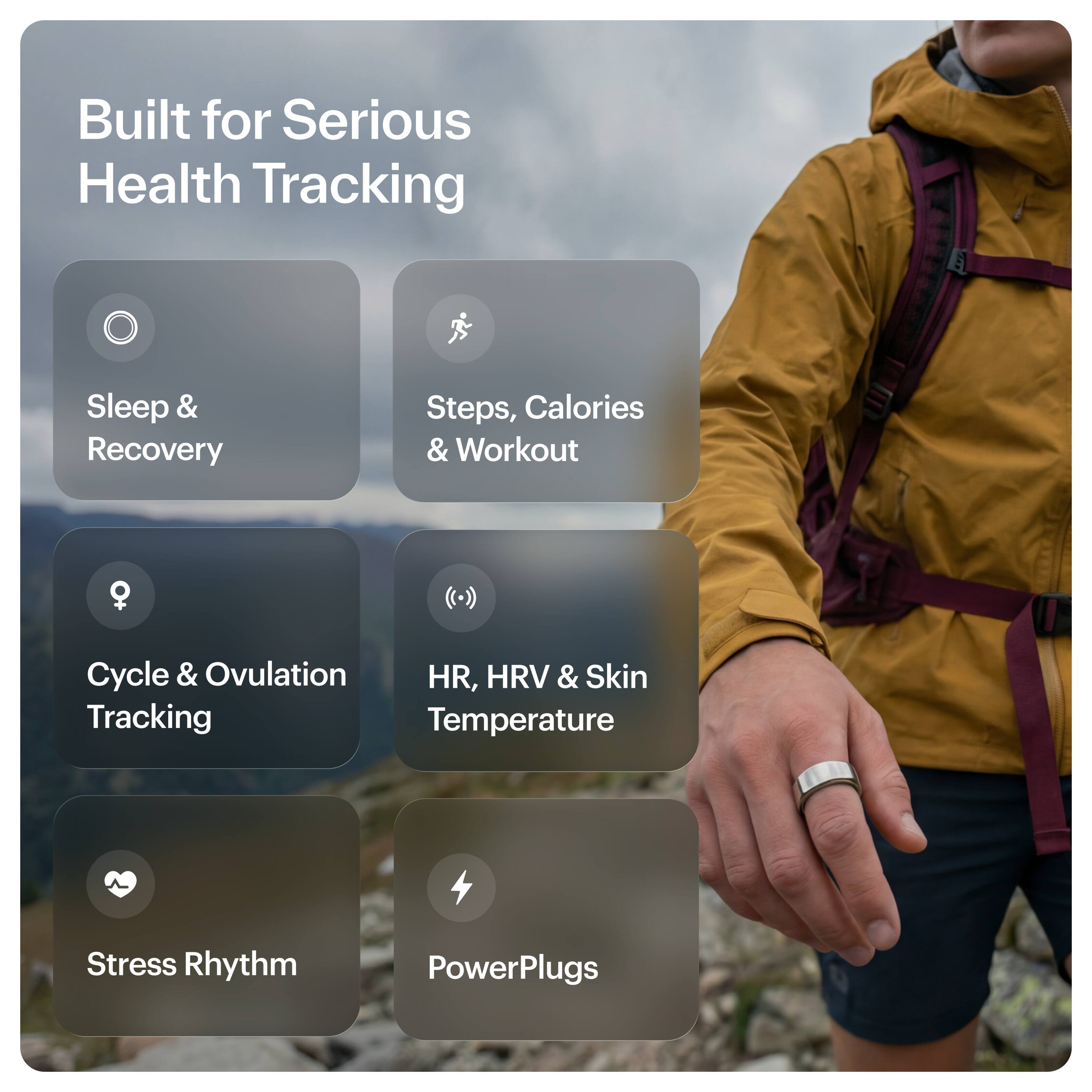 Built for Serious Health Tracking

- Sleep & Recovery
- Steps, Calories & Workout
- Cycle & Ovulation Tracking
- HR, HRV & Skin Temperature
- Stress Rhythm
- PowerPlugs