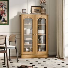 Famapy - French Country Glass Display Cabinet: Rustic - Chic Dishware Storage + Showcase - Wooden