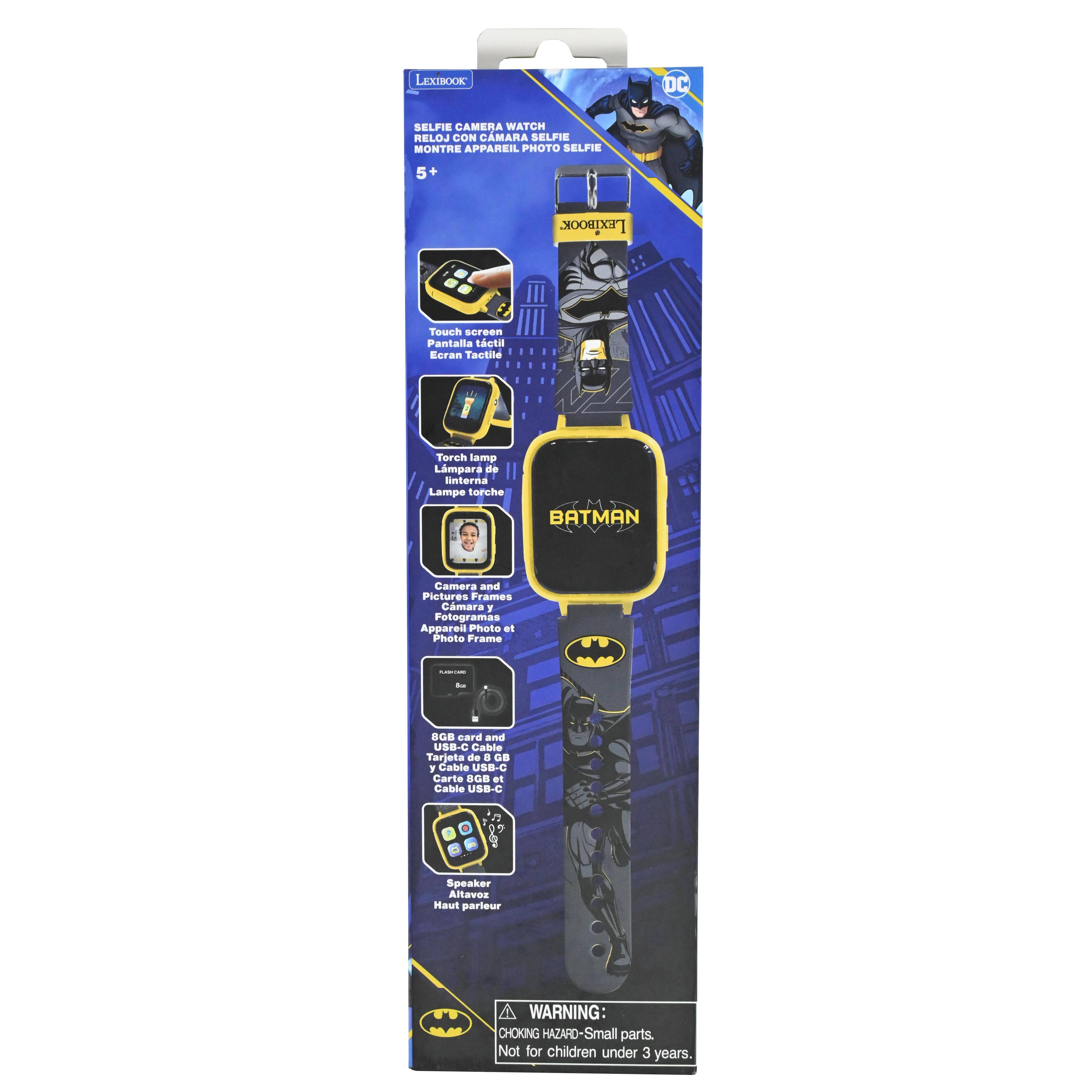 LEXIBOOK DC SELFIE CAMERA WATCH  
RELOJ CON CÁMARA SELFIE  
MONTRE APPAREIL PHOTO SELFIE  
5+  

Touch screen  
Tactile  
Tactil  
Ecran Tactile  

Torch lamp  
Lmpara de linterna  
Lampo torche  

Camera and Pictures Frames  
Cámara y Fotogramas  
Photo Frame  
Appareil Photo et Photo Frame  

8GB card and USB-C Cable  
Tarjeta de 8 GB y Cable USB-C  
Carte 8 GB et Cable USB-C  

Speaker  
Altavoz  
Haut-parleur  

WARNING: CHOKING HAZARD - Small parts. Not for children under 3 years.