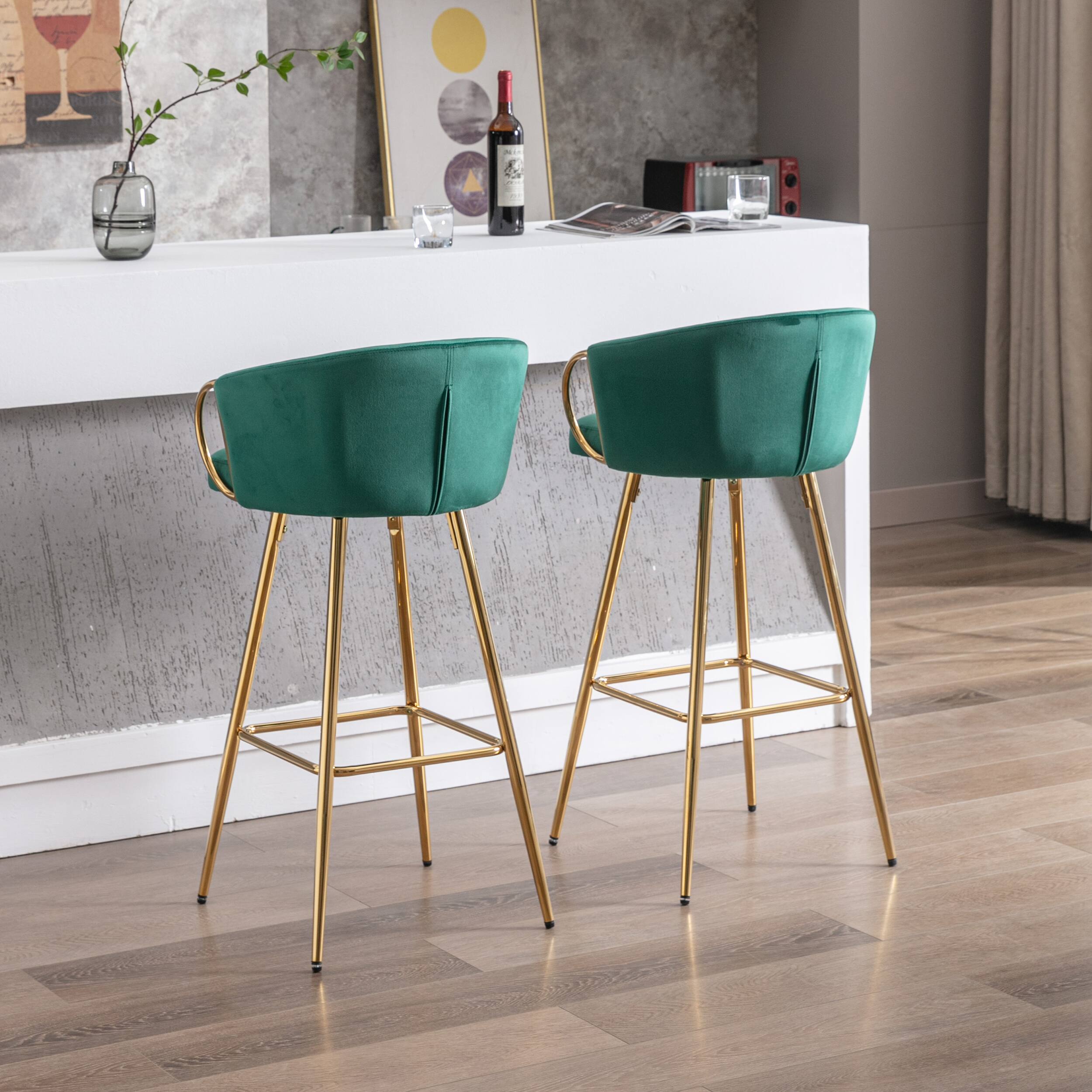 Back. APRILSOUL - 30 Inch Set of 2 Bar Stools Chrome Footrest Base Velvet Golden Leg Simple GREEN - Green.