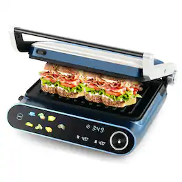 Costway - 1200W Indoor Panini Electric Contact Grill with 2 Non-Stick Dishwasher-Safe Plates - Blue,Black,Silver