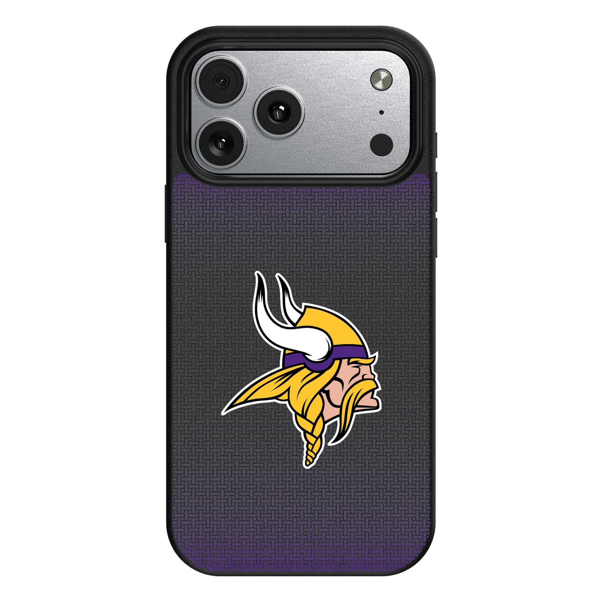 Front. Keyscaper - Minnesota Vikings Linen Logo iPhone Magnetic Bump Case - 15 Pro Max - Black.