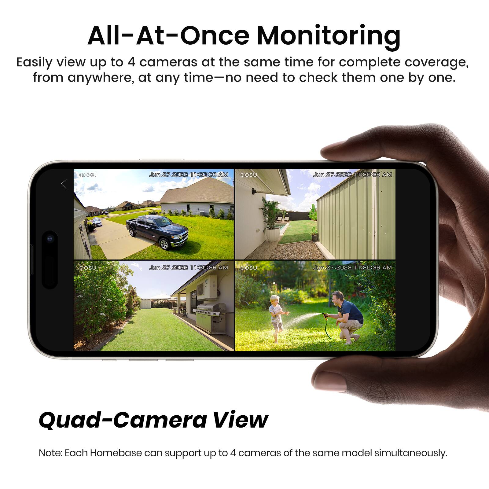 All-At-Once Monitoring  
Easily view up to 4 cameras at the same time for complete coverage, from anywhere, at any time—no need to check them one by one.  

Quad-Camera View  
Note: Each Homebase can support up to 4 cameras of the same model simultaneously.