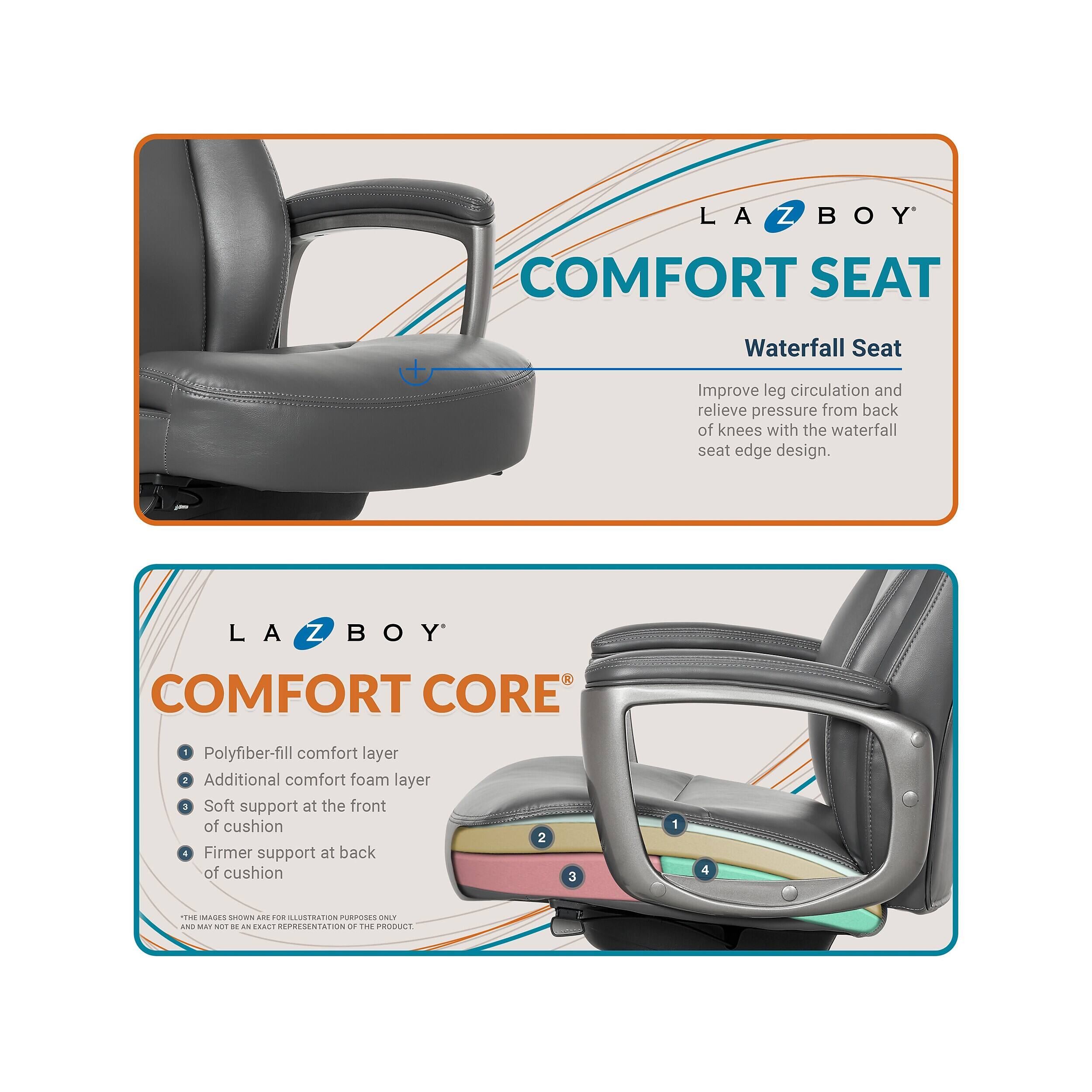 LA Z BOY COMFORT SEAT  
Waterfall Seat  
Improve leg circulation and relieve pressure from back of knees with the waterfall seat edge design.  

LA Z BOY COMFORT CORE  
1. Polyfiber-fill comfort layer  
2. Additional comfort foam layer  
3. Soft support at the front of cushion  
4. Firmer support at back of cushion  

*THE IMAGES SHOWN ARE FOR ILLUSTRATION PURPOSES ONLY AND MAY NOT BE AN EXACT REPRESENTATION OF THE PRODUCT.