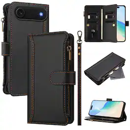 Dteck - Crossbody Wallet Case for Apple iPhone Air, Shockproof Zipper PU Leather Flip Stand Cover with 9 Card Slots - Black