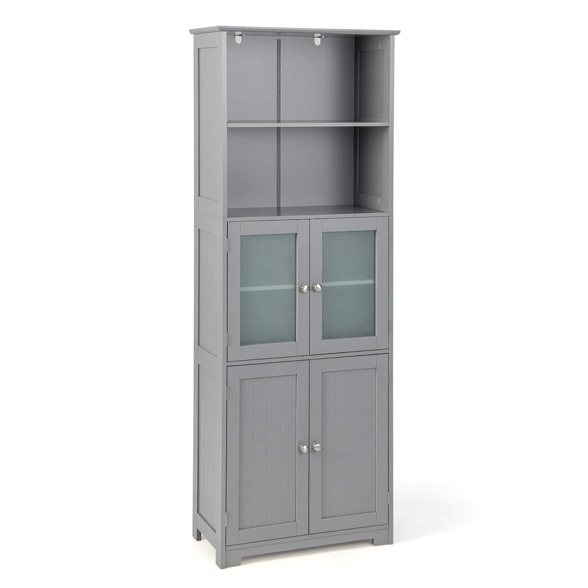 Gymax - Bathroom Tall Storage Cabinet Linen Tower w/ Glass Door & Adjustable Shelf Grey - Gray
