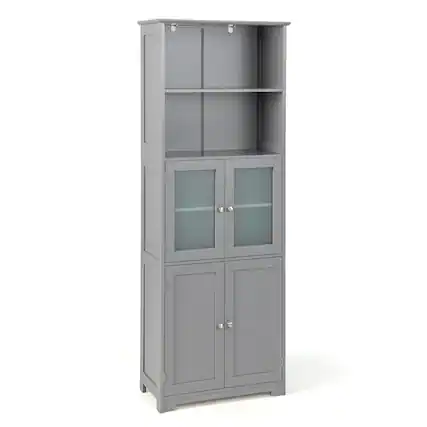 Front. Gymax - Gymax Bathroom Tall Storage Cabinet Linen Tower w/ Glass Door & Adjustable Shelf Grey - Gray.