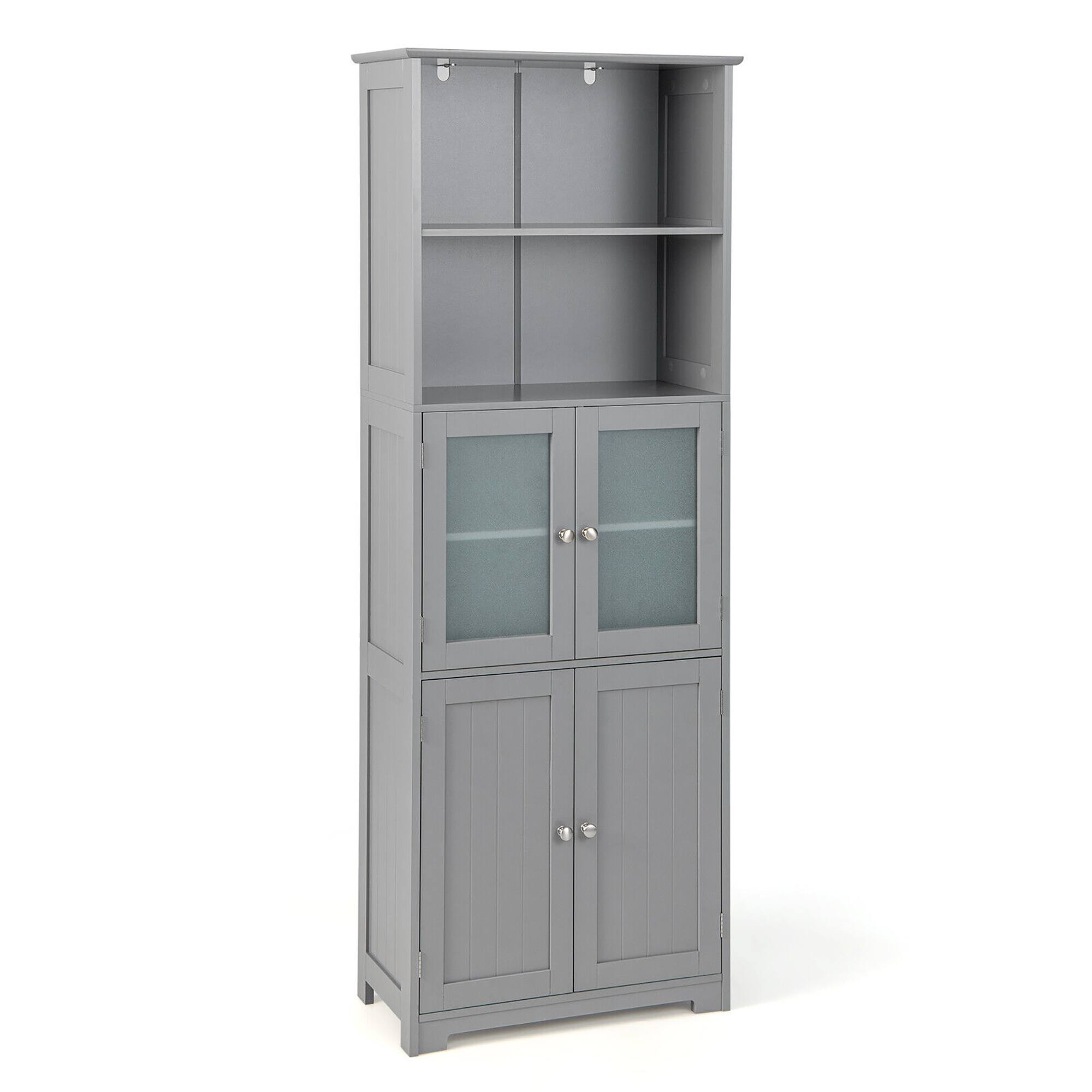 Front. Gymax - Gymax Bathroom Tall Storage Cabinet Linen Tower w/ Glass Door & Adjustable Shelf Grey - Gray.