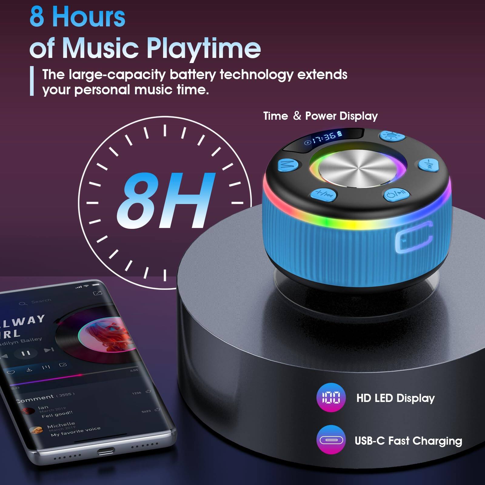 8 Hours of Music Playtime  
The large-capacity battery technology extends your personal music time.  

8H  

Time & Power Display  

HD LED Display  
USB-C Fast Charging  

Search  
LWAY RL  
Balley idilyn 1  
- - 300 Somment lan 2019  
Fell Michelle 4501  
My favorite T9I SAUS  

17:36  
3S : AAmee Ol + .... f
