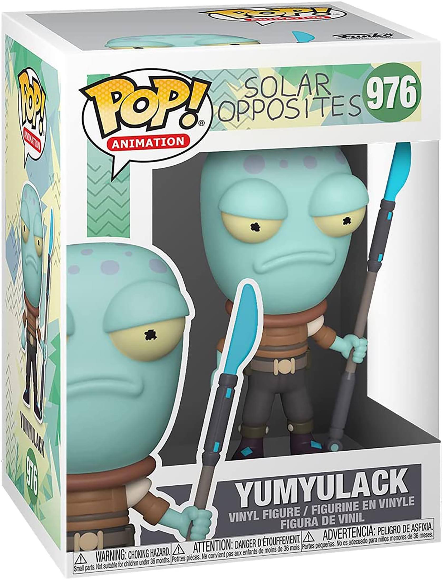 Sure, here is the corrected and grouped text from the image:

---

**Top Left:**
- POP! ANIMATION

**Top Center:**
- SOLAR OPPOSITES
- 976

**Top Right:**
- YUMYULACK
- VINYL FIGURE / FIGURINE EN VINYLE / FIGURA DE VINIL

**Bottom Center:**
- WARNING: CHOKING HAZARD. Small parts. Not suitable for children under 36 months.
- ATTENTION: DANGER D'ÉTOUFFEMENT. Petites pièces. Ne convient pas aux enfants de moins de 36 mois.
- ADVERTENCIA: PELIGRO DE ASFIXIA. Piezas pequeñas. No es adecuado para niños menores de 36 meses.

**Bottom Left:**
- WARNING: CHOKING HAZARD. Small parts. Not suitable for children under 36 months.

**Bottom Right:**
- ATTENTION: DANGER D'ÉTOUFFEMENT. Petites pièces. Ne convient pas aux enfants de moins de 36 mois.
- ADVERTENCIA: PELIGRO DE ASFIXIA. Piezas pequeñas. No es