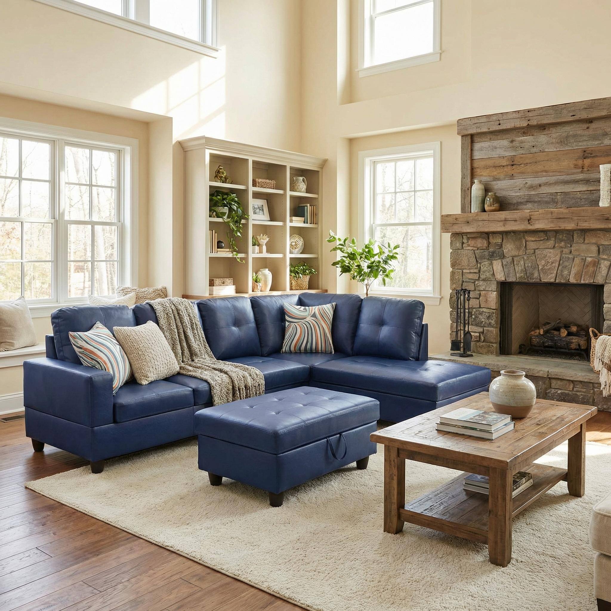 Alt View 2. Boyel Living - Premium Semi PU Upholstered Sofa Solid Wood Frame Double Spring with Right Chaise Lounge - Royal Blue.