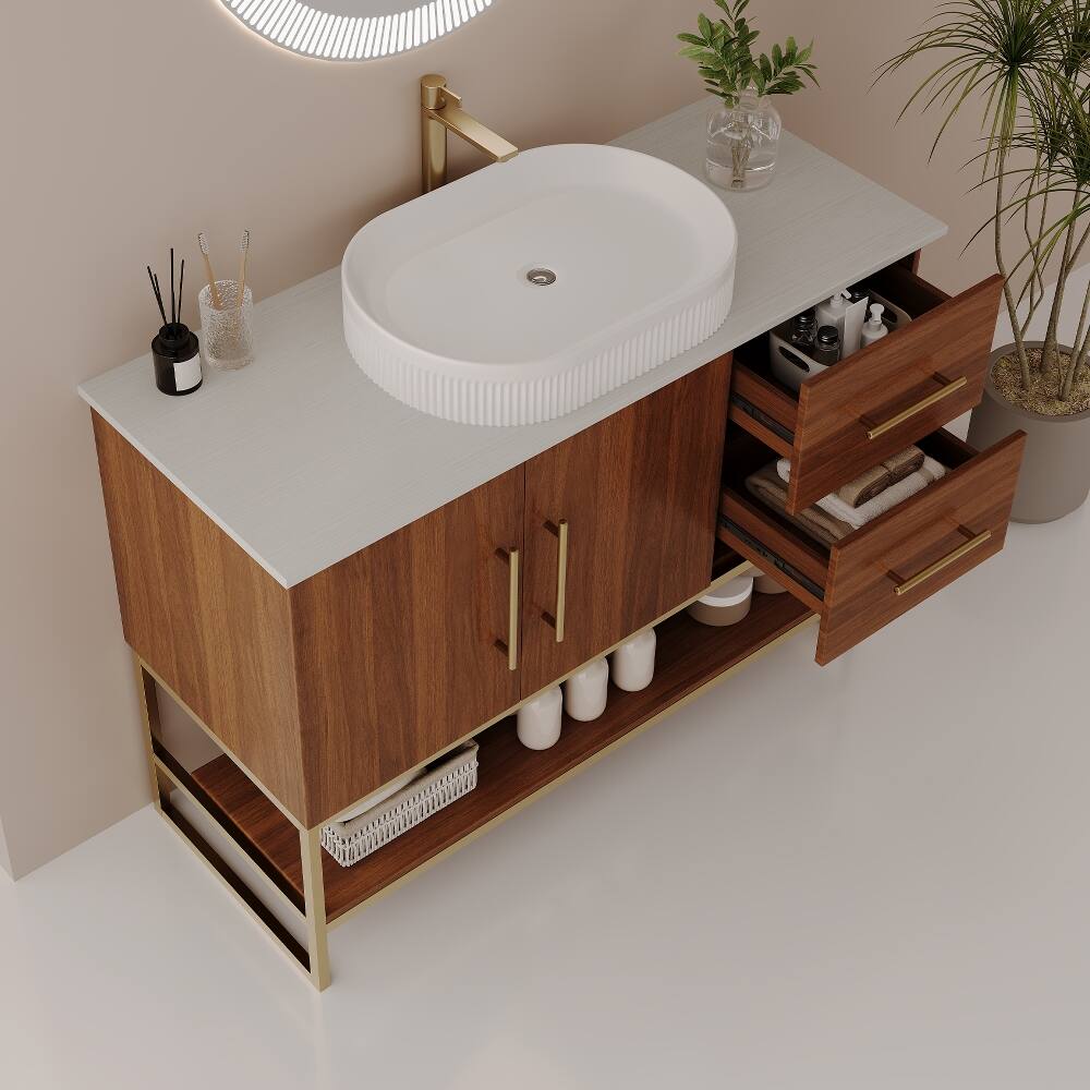 Alt View 2. Loheer - Loheer 36 inch Modern Bathroom Vanity Walnut Freestanding Cabinet with Ceramic Vessel Sink - Walnut, Gold, White.