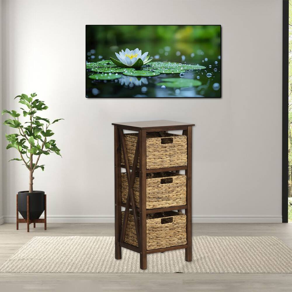 Hivvago - Tall Narrow Nightstand with Four Tiers and Natural Seagrass Basket Storage - Walnut & Natural