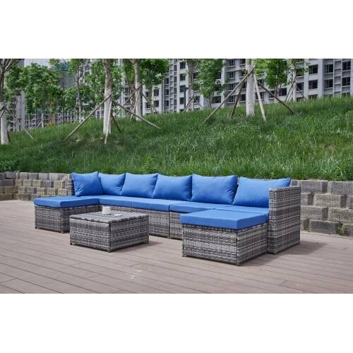 Front. Siljoy - Patio Sofa with Cushions - Blue+Grey.