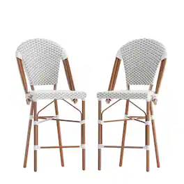 Emma + Oliver - Colmar Set of Two Indoor/Outdoor 26" High Stacking Bistro Counter Stools with Patterned Seat and Back and Metal Frames - White & Gray/Natural Frame