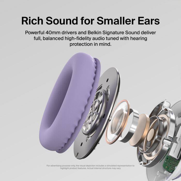 Rich Sound for Smaller Ears  
Powerful 40mm drivers and Belkin Signature Sound deliver full, balanced high-fidelity audio tuned with hearing protection in mind.  

For advertising purpose only, the visual depiction includes a simulated representation to highlight product features. Actual internal structure may vary.  

500mAh