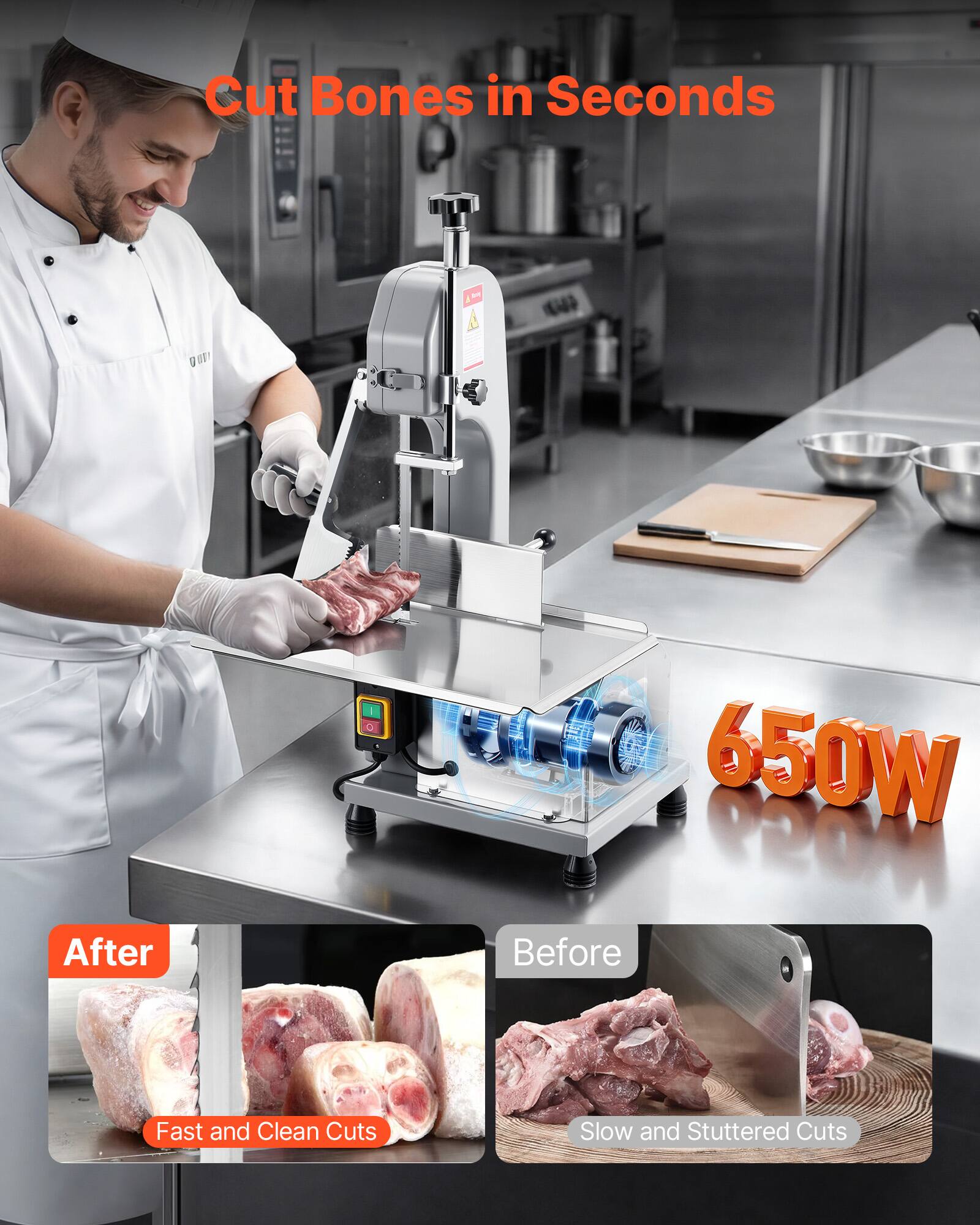 Cut Bones in Seconds

650W

After
Fast and Clean Cuts

Before
Slow and Stuttered Cuts