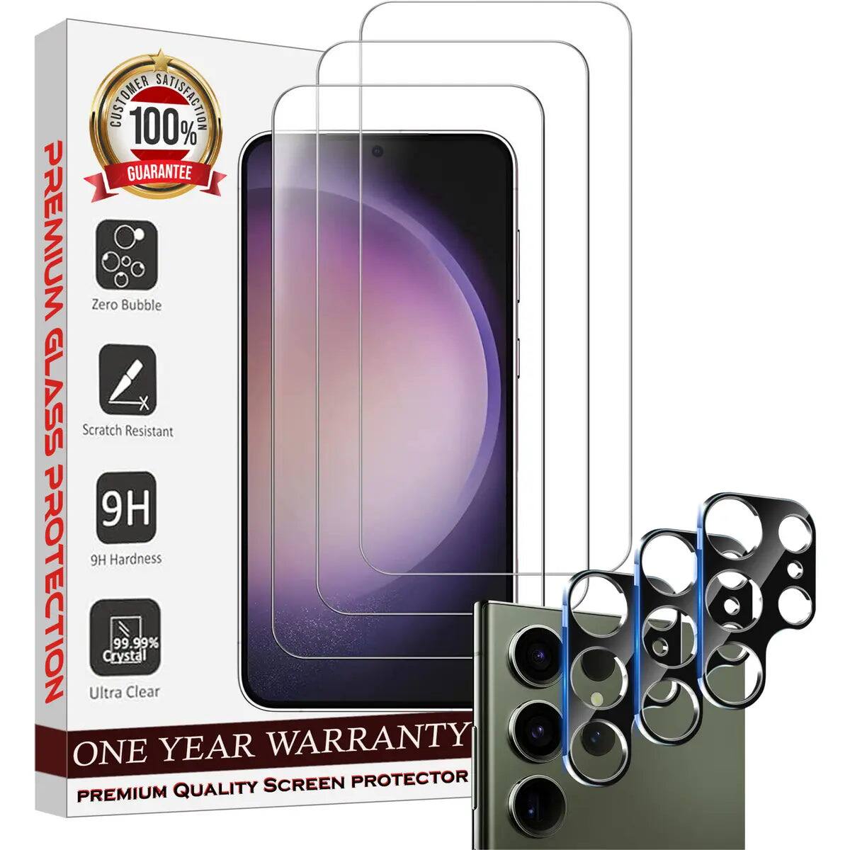 CUSTOMER 100% SATISFACTION GUARANTEE PREMIUM Zero Bubble GLASS Scratch Resistant 9H 9H Hardness PROTECTION ONE Ultra Crystal 99.99% Clear YEAR QUALITY SCREEN WARRANTY PROTECTOR