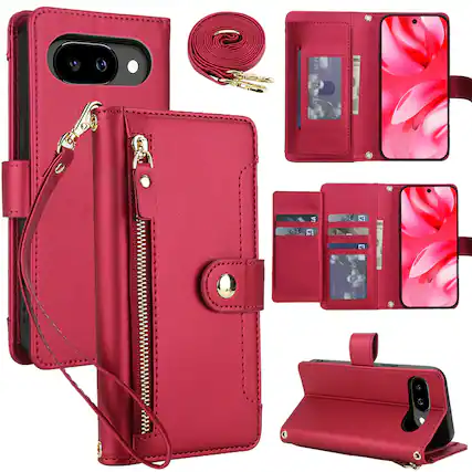Front. Dteck - Zipper Wallet Case for Google Pixel 9a,Detachable Crossbody Flip Faux Leather Card Slots Kickstand Cover+Lanyard - Red.