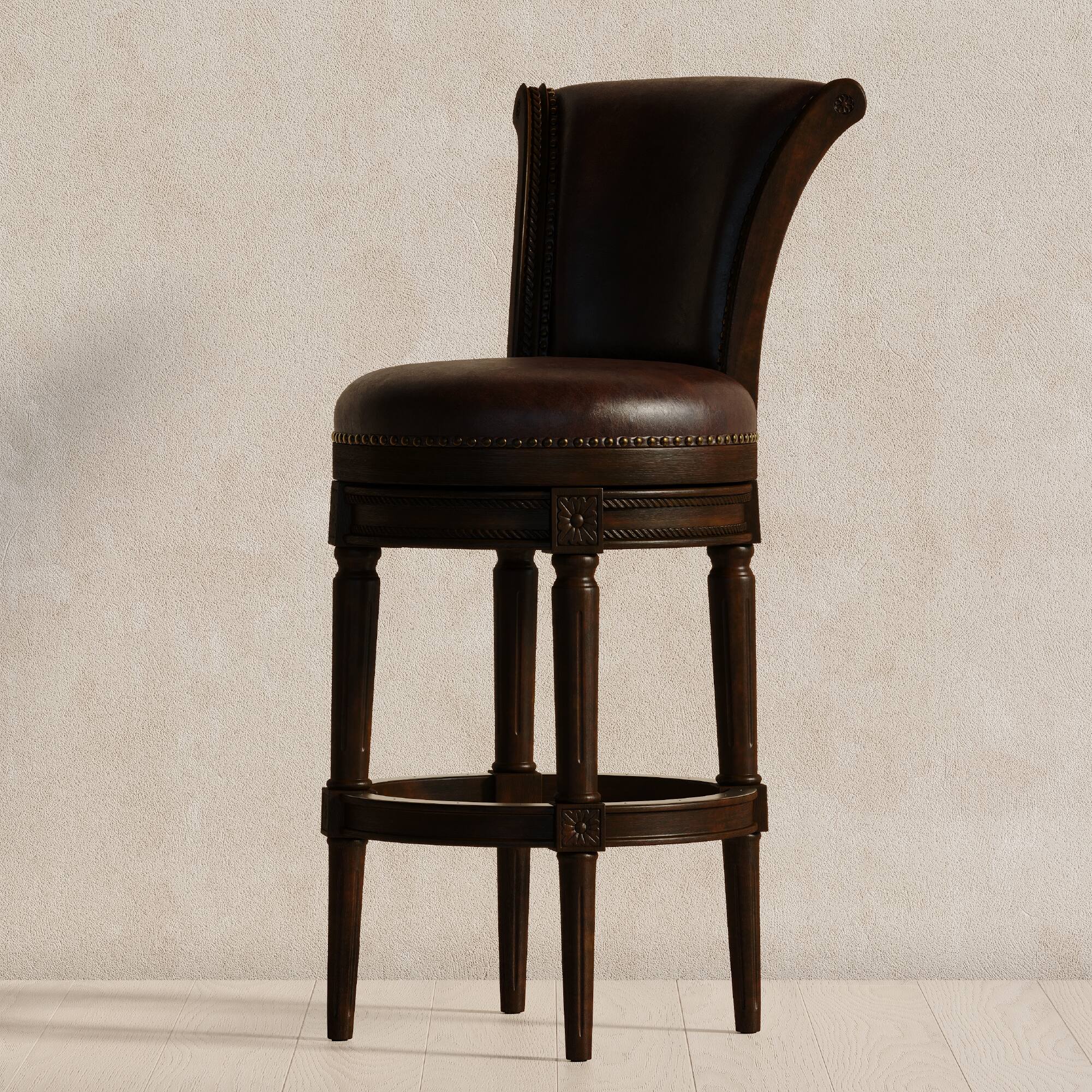 Angle. Maven Lane - 31" Pullman Bar Stool In Dark Walnut Finish With Vegan Leather - Dark Walnut.