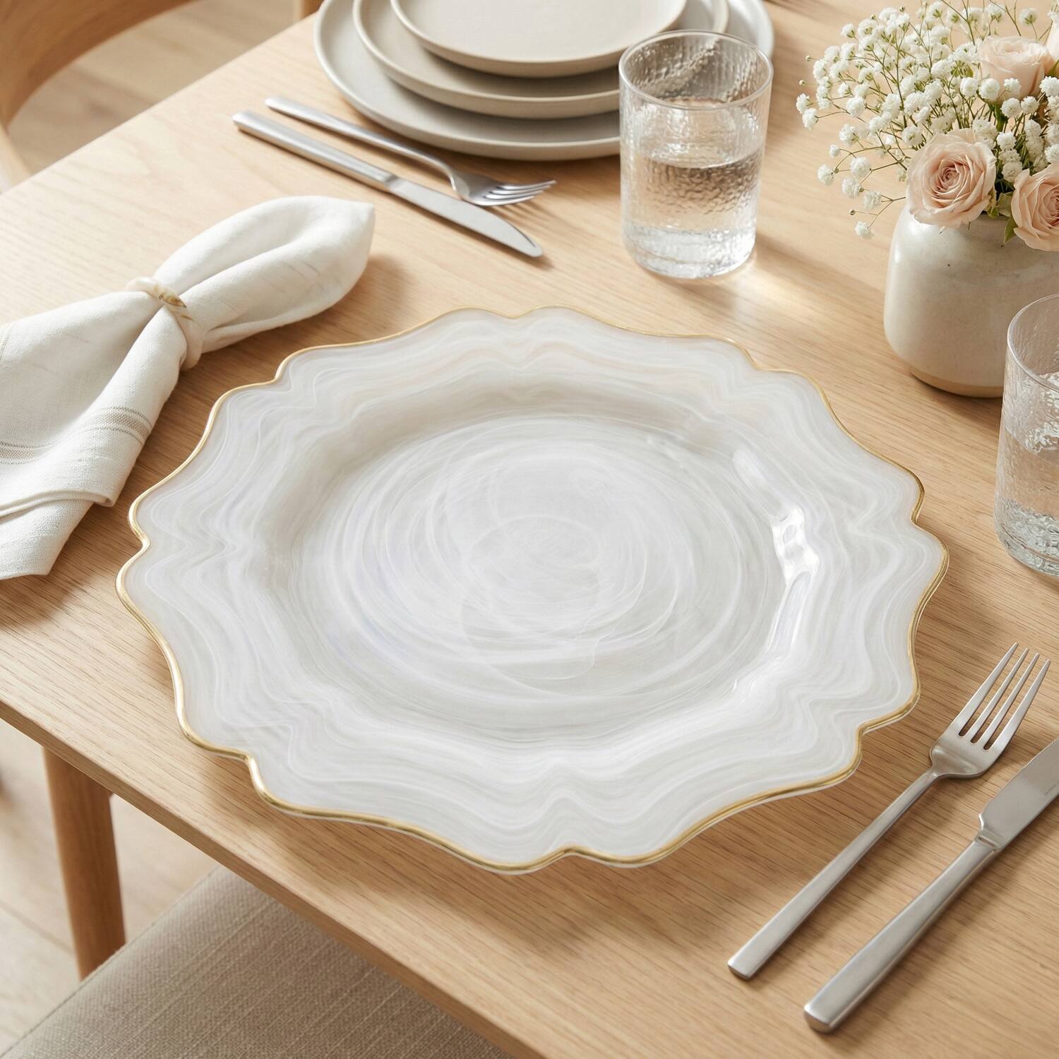 Angle. American Atelier - Empire White Alabaster Glass Charger Plate with Gold Rim by American Atelier - Gold.