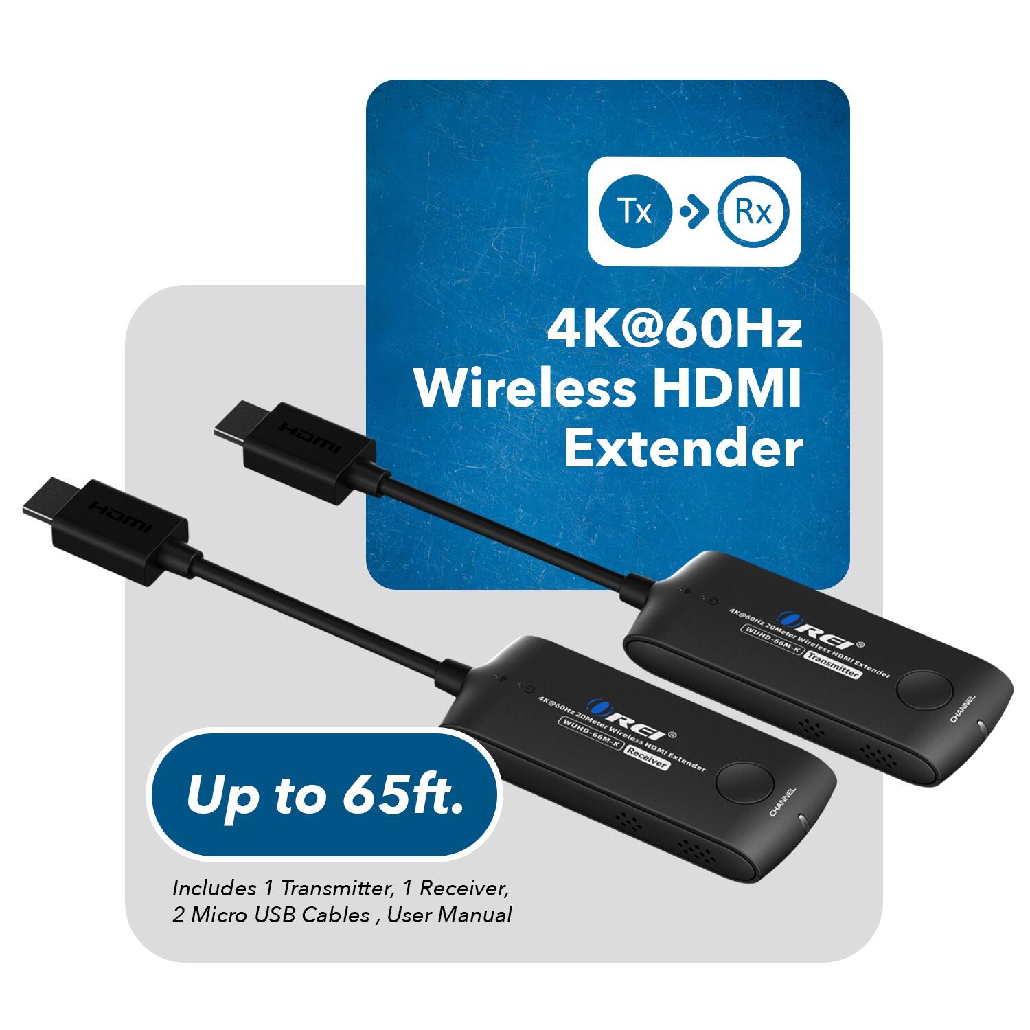 Tx Rx 4K@60Hz Wireless HDMI Extender Up to 65ft. Includes 1 Transmitter, 1 Receiver, 2 Micro USB Cables, User Manual