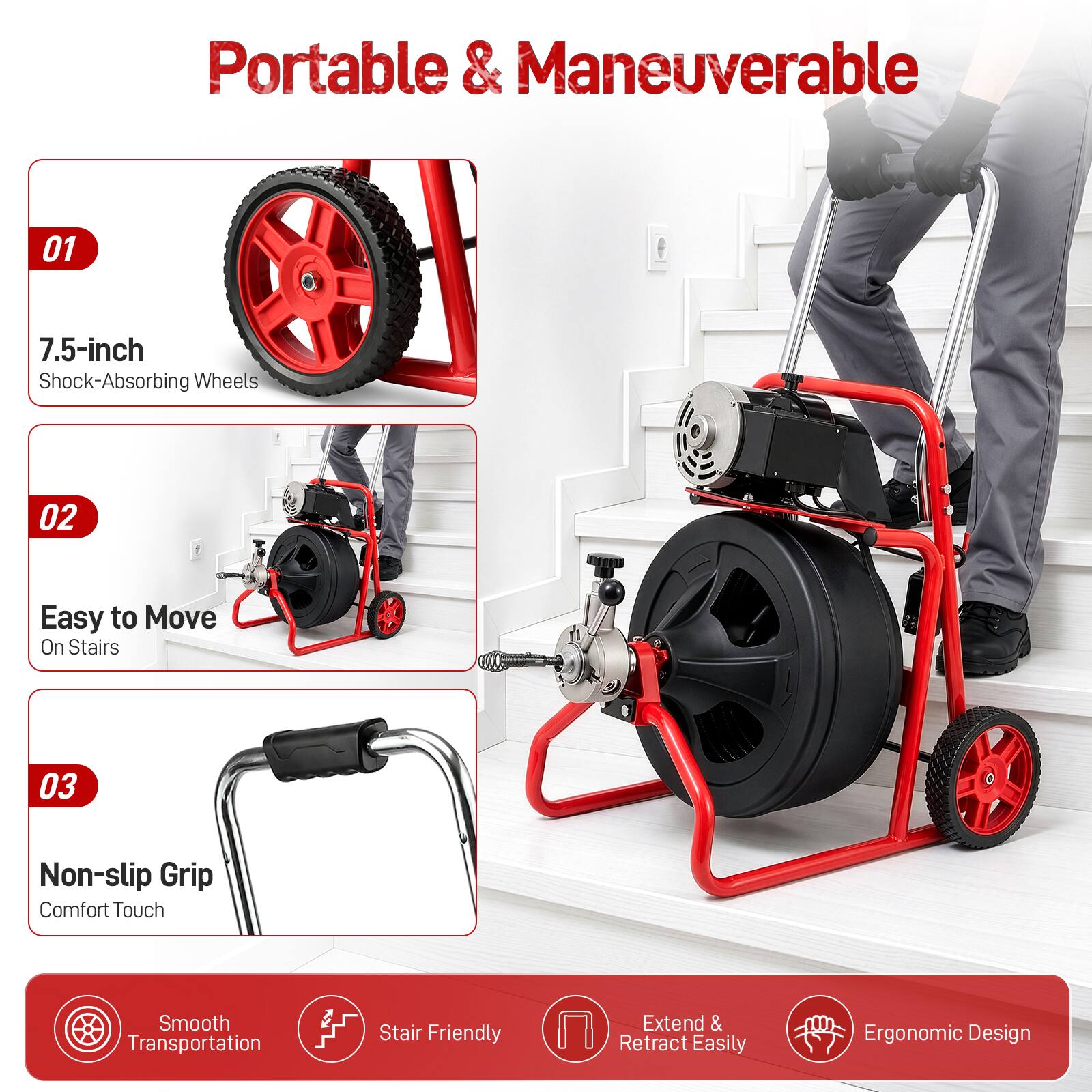 Portable & Maneuverable

01
7.5-inch Shock-Absorbing Wheels

02
Easy to Move On Stairs

03
Non-slip Grip Comfort Touch

Smooth Transportation
Stair Friendly
Extend & Retract Easily
Ergonomic Design