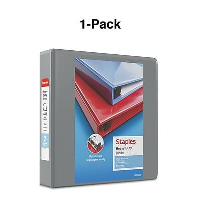 1-Pack Staples Heavy Duty Binder  
Reinforced rings open easily  
4 Pockets  
2" D-Ring  
100% Recyclable