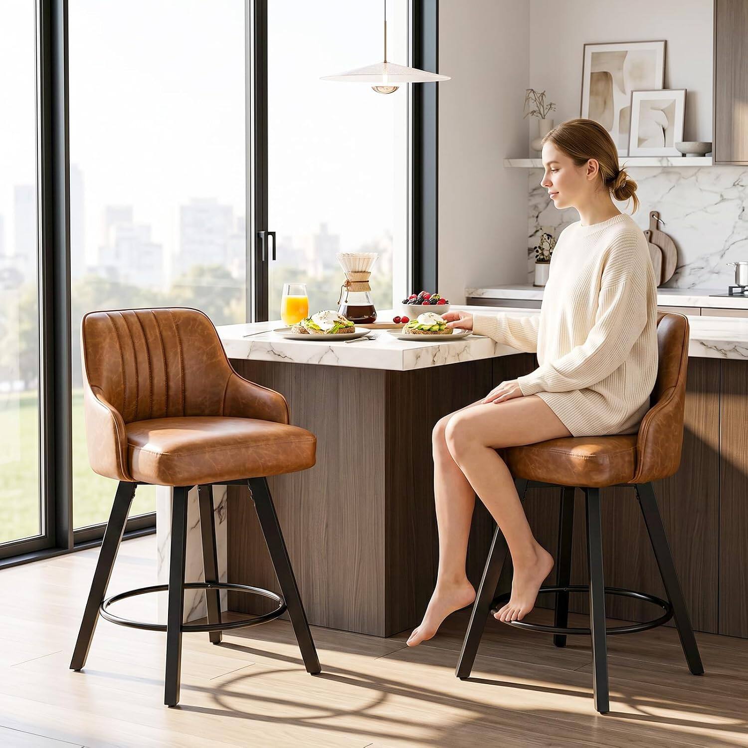 Alt View 5. Winado - 24" H Swivel Barstools Counter Height Bar Stool Modern Counter Stool with Back, Kitchen High Chairs,Solid Wood Legs - Brown Pu-Set of 1.
