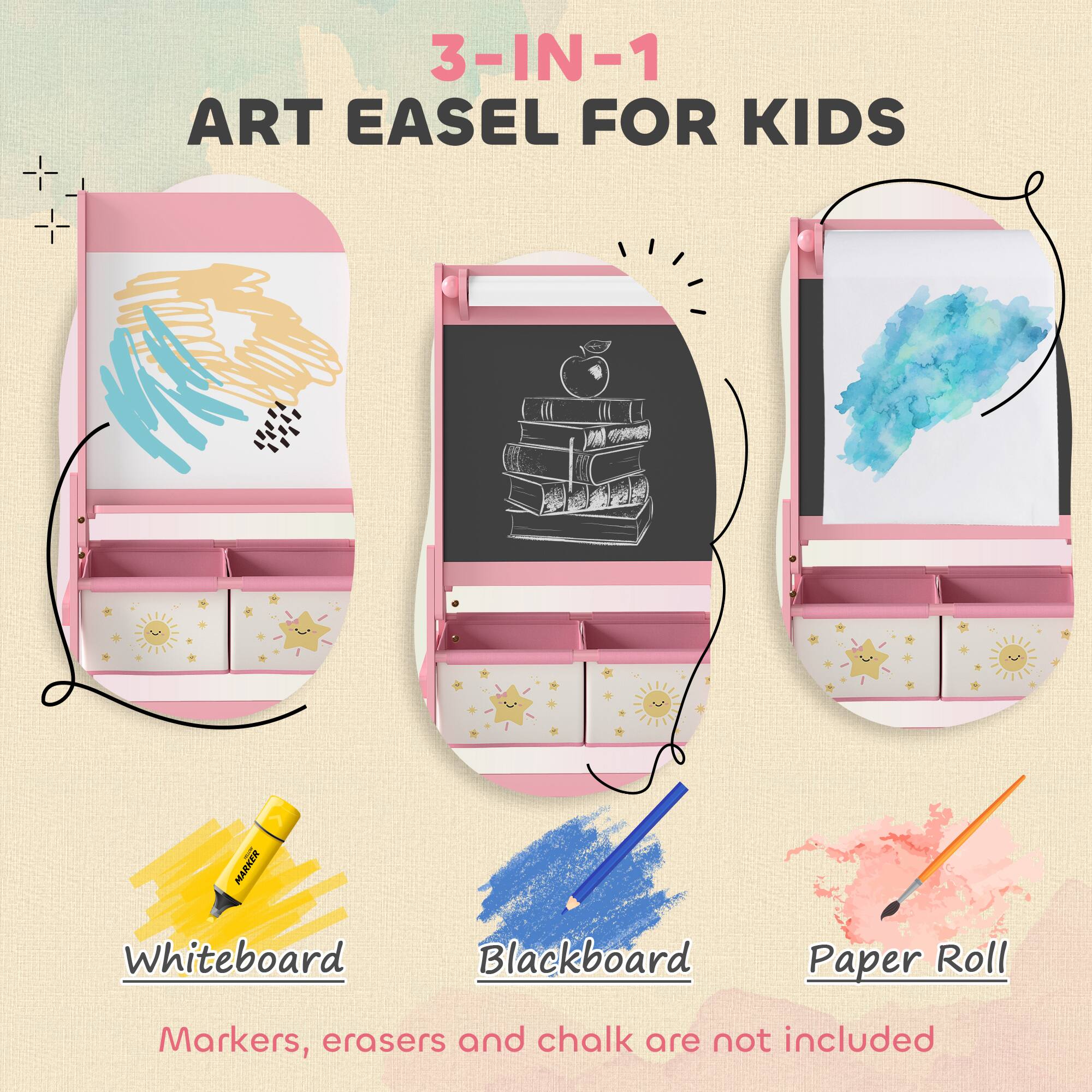 3-IN-1 ART EASEL FOR KIDS

Whiteboard
Blackboard
Paper Roll

Markers, erasers and chalk are not included
