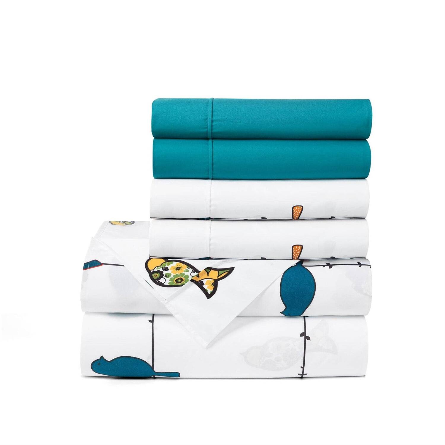 Angle. Hivvago - Queen Teal Yellow White Floral Birds on Wire Soft Polyester 6 Piece Sheet Set - Teal, Yellow, White.