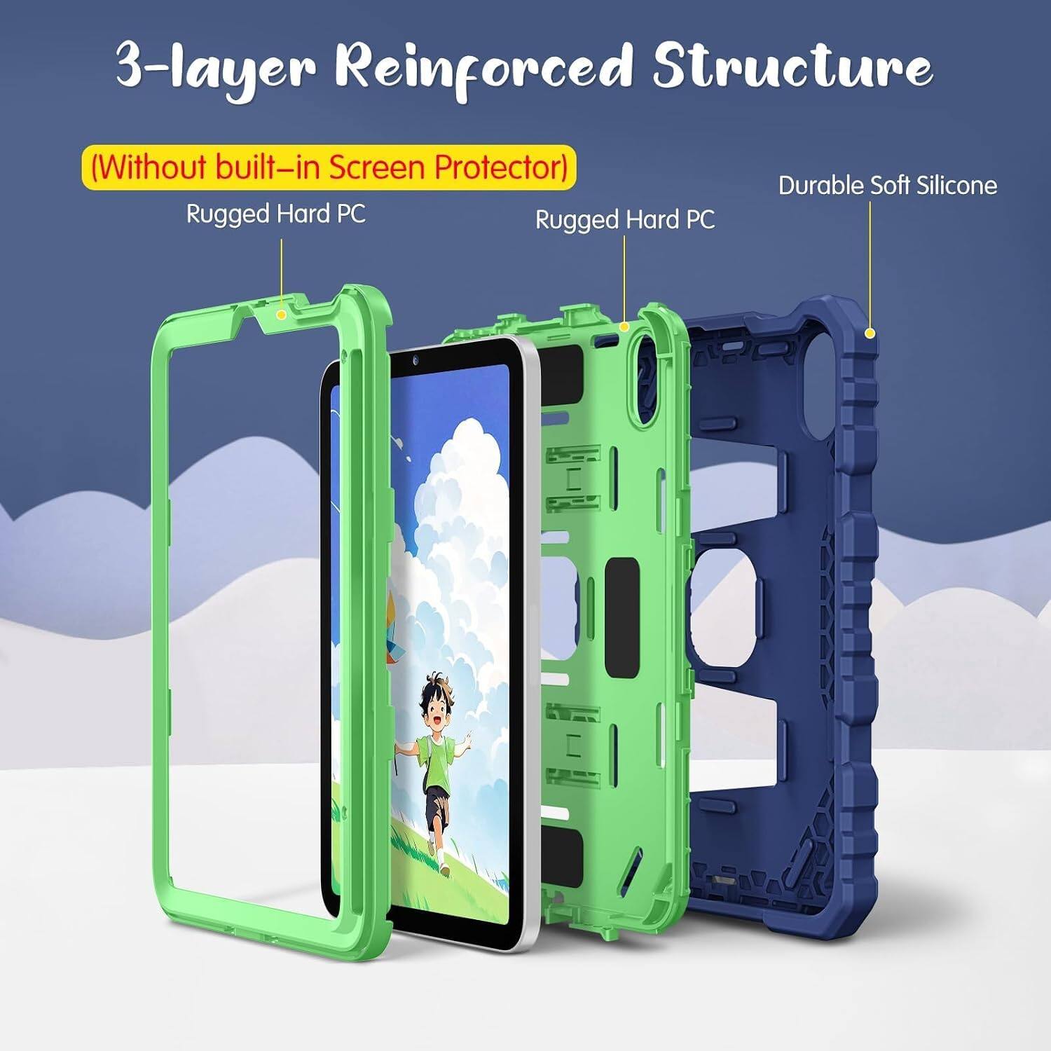 3-layer Reinforced Structure (Without built-in Screen Protector)  
Durable Soft Silicone  
Rugged Hard PC