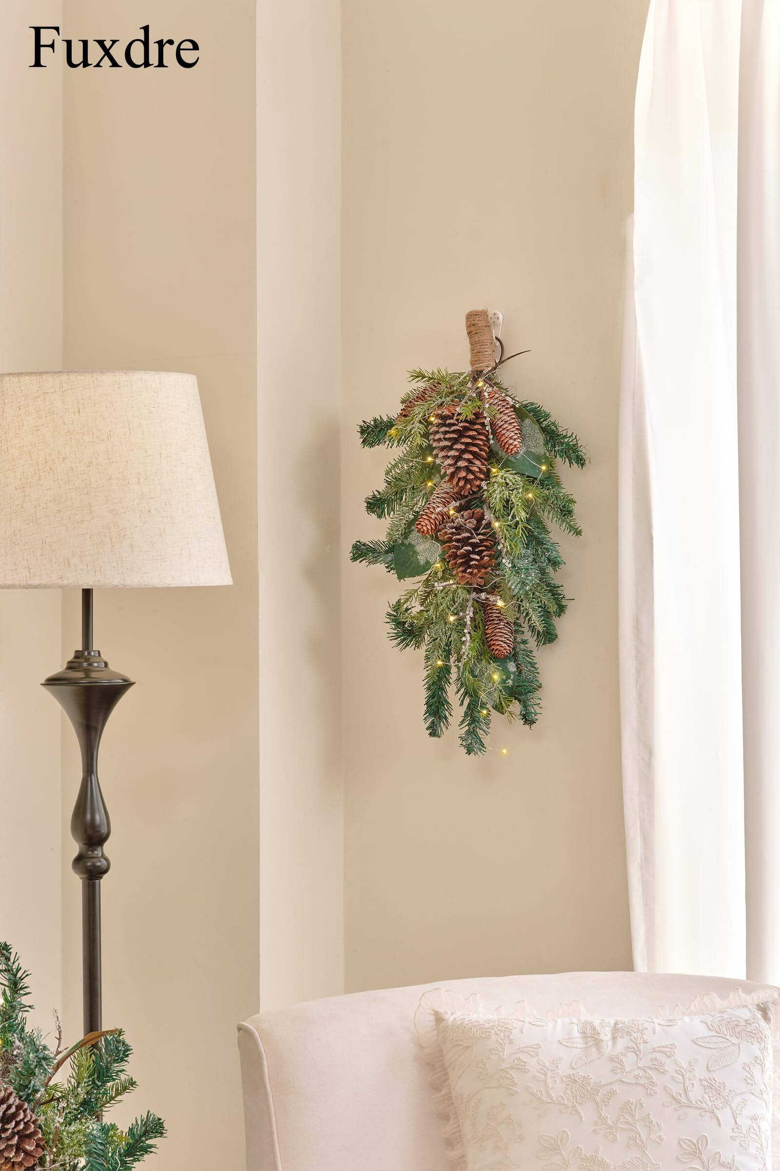 Alt View 2. Siljoy - 23" Pre-Lit Xmas Teardrop Swag | Pinecones & Ferns Door Decor - green.